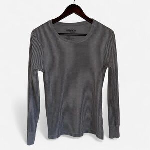 Danskin Now Gray Black Striped Long Sleeve Knit Active Tee T Shirt Top